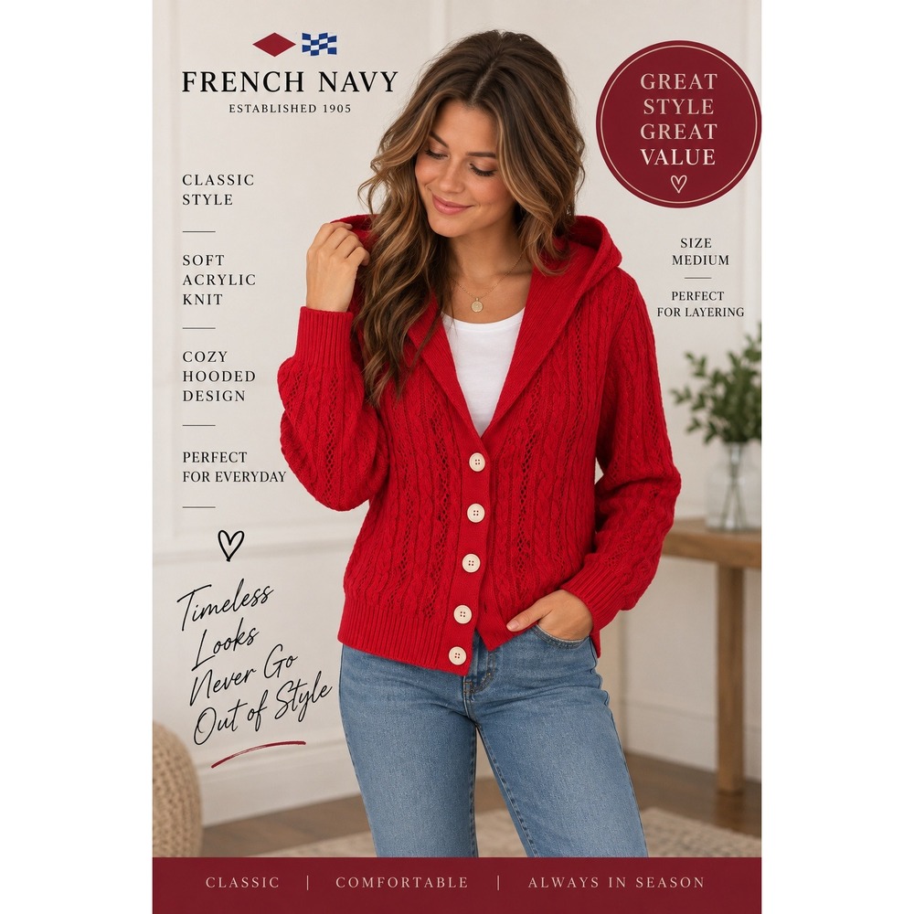 French Navy Womens Red Cable Knit Hooded Cardigan Sweater Medium Made in USA